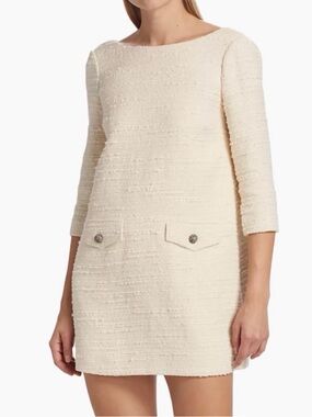 ba&sh Cream Textured Bouclé Shift Dress with Button Pocket Flaps